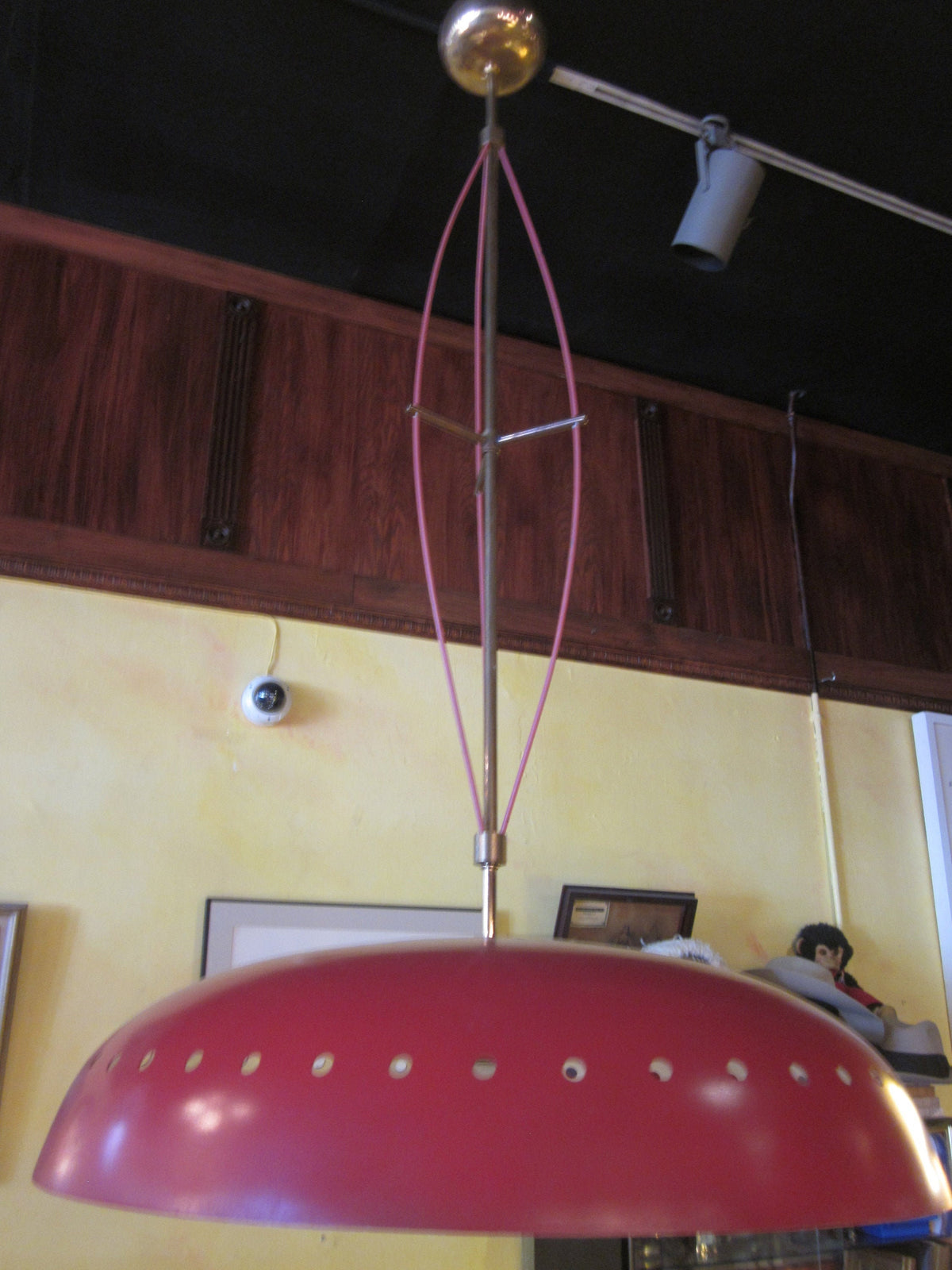 Mid Century Italian Pendant Light, Red Enameled Aluminum Shade