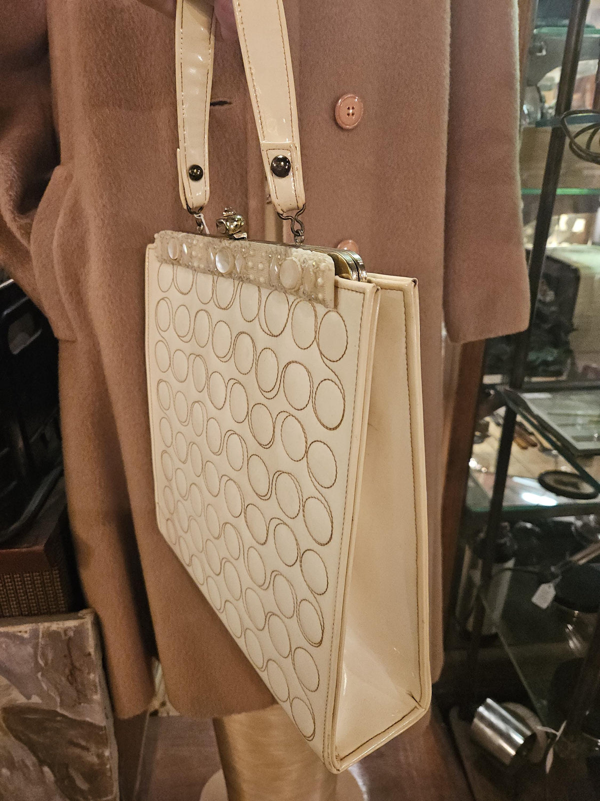 1960s Vintage Handbag: Faye Mell Fleurette Miami, Cream Vinyl, Celluloid Frame