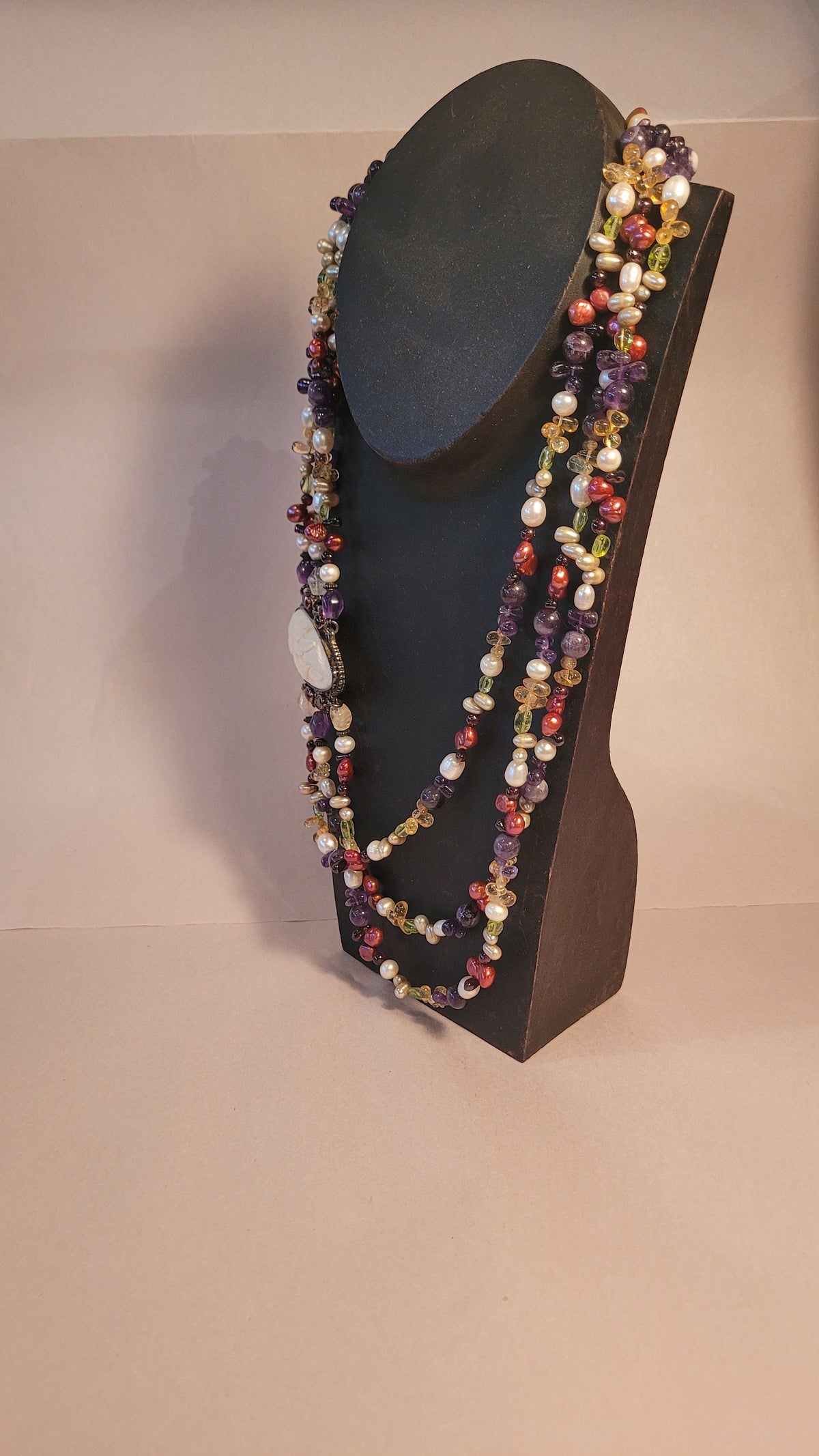 Sajen Goddess Cameo triple strand Necklace, garnet, amethyst, pearls, peridot