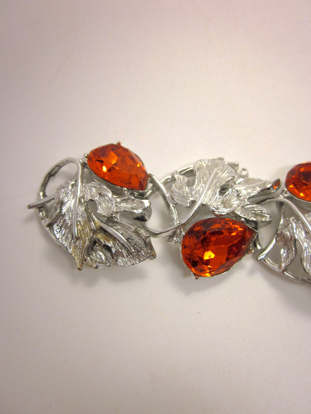 Vintage 1960s Rhinestone Bracelet: Orange Teardrop, Fall Leaf Panels