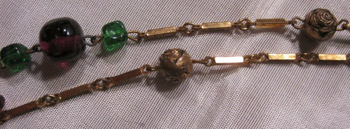 Molded Art glass necklace with Bronze Rosettes and Brass Links
