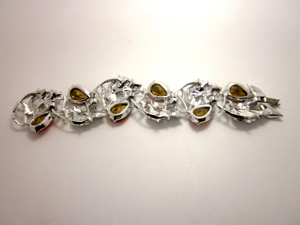 Vintage 1960s Rhinestone Bracelet: Orange Teardrop, Fall Leaf Panels