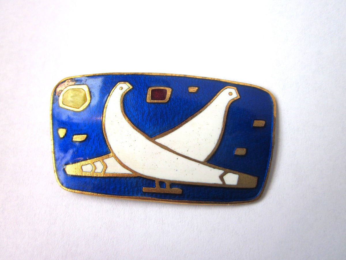 Antique Enamel Brooch, Vienna Secession Style Dove Pin, c.1910s