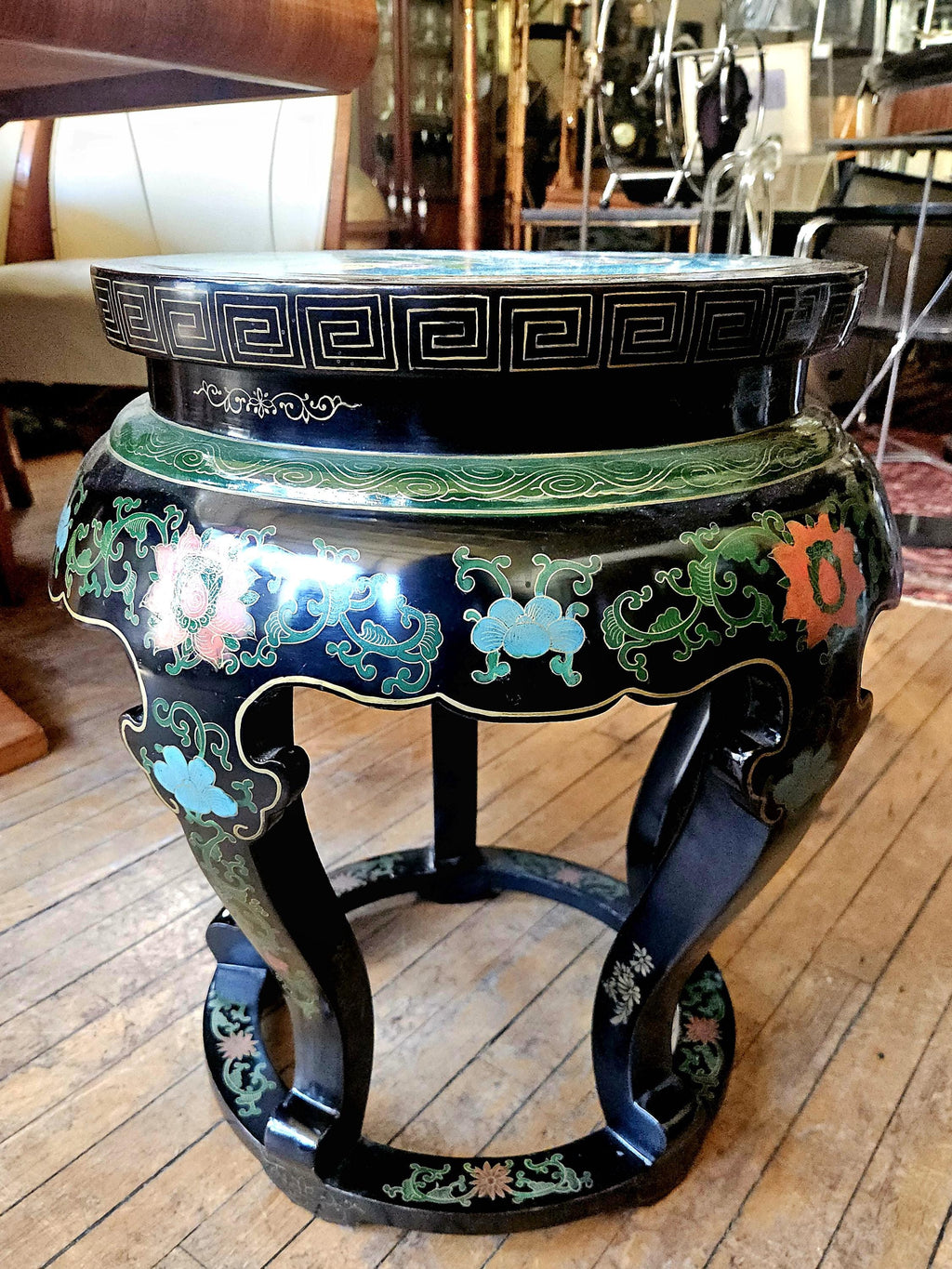 Asian Chinoiserie Black Lacquer Cloisonne Garden Stool or Side Table