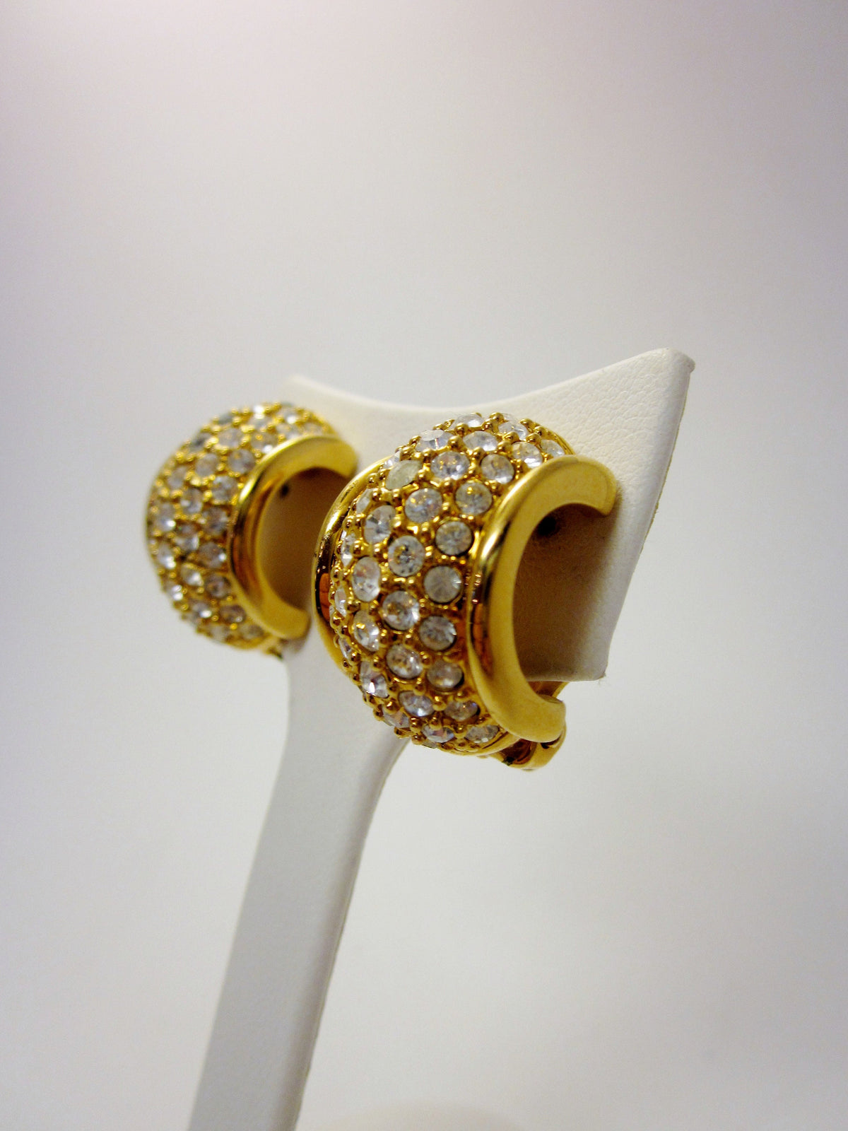 Vintage Swarovski Crystal Clip On Earrings, 1980s Gold Tone Half Hoop