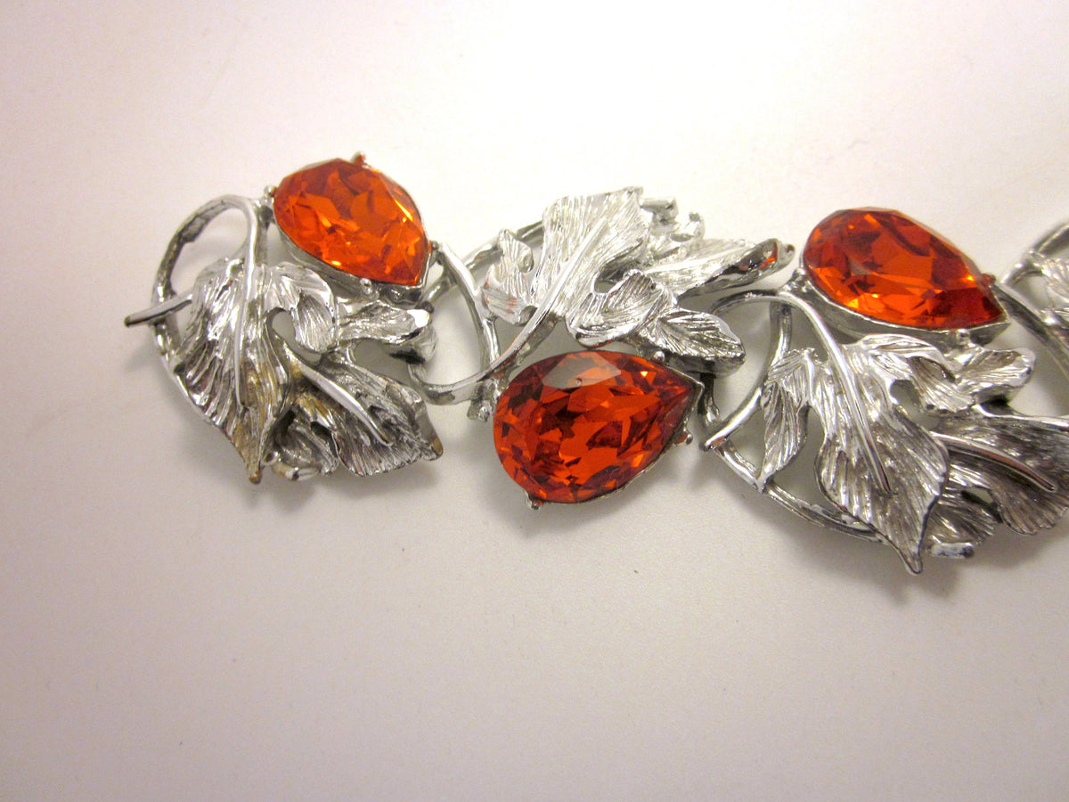 Vintage 1960s Rhinestone Bracelet: Orange Teardrop, Fall Leaf Panels