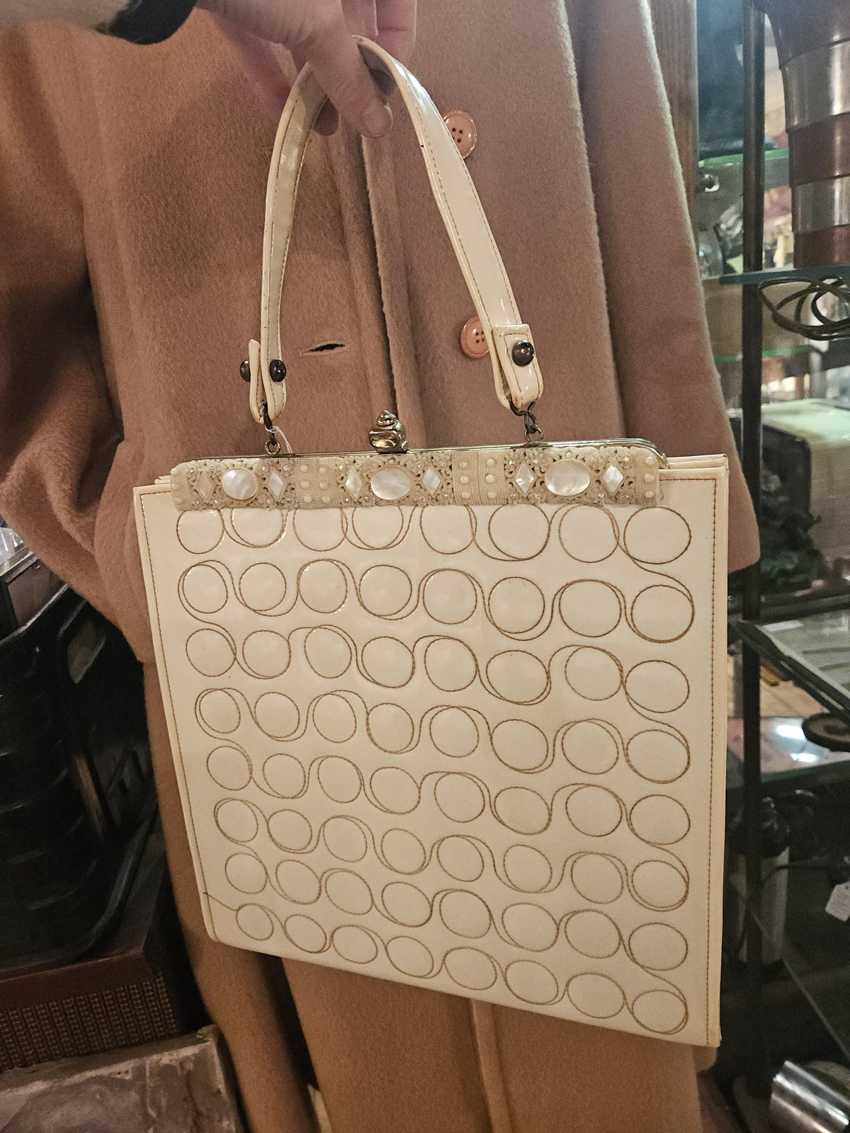 1960s Vintage Handbag: Faye Mell Fleurette Miami, Cream Vinyl, Celluloid Frame