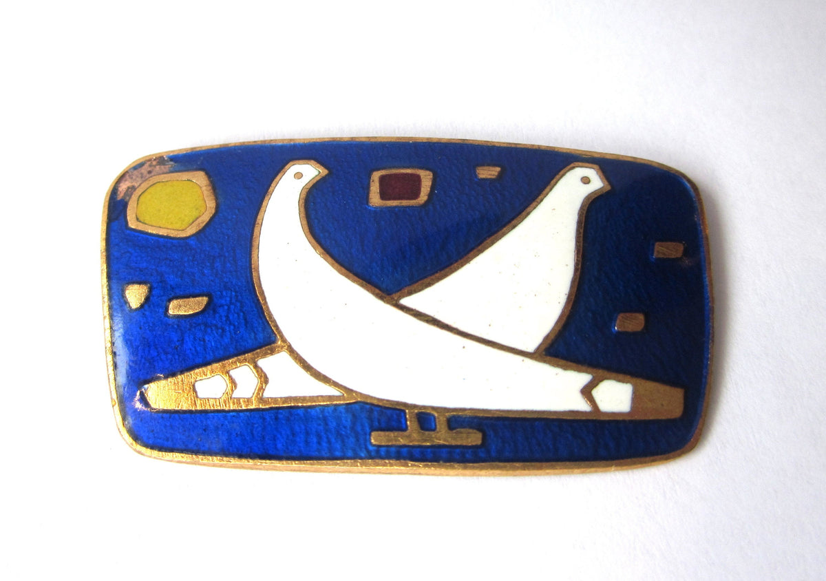 Antique Enamel Brooch, Vienna Secession Style Dove Pin, c.1910s
