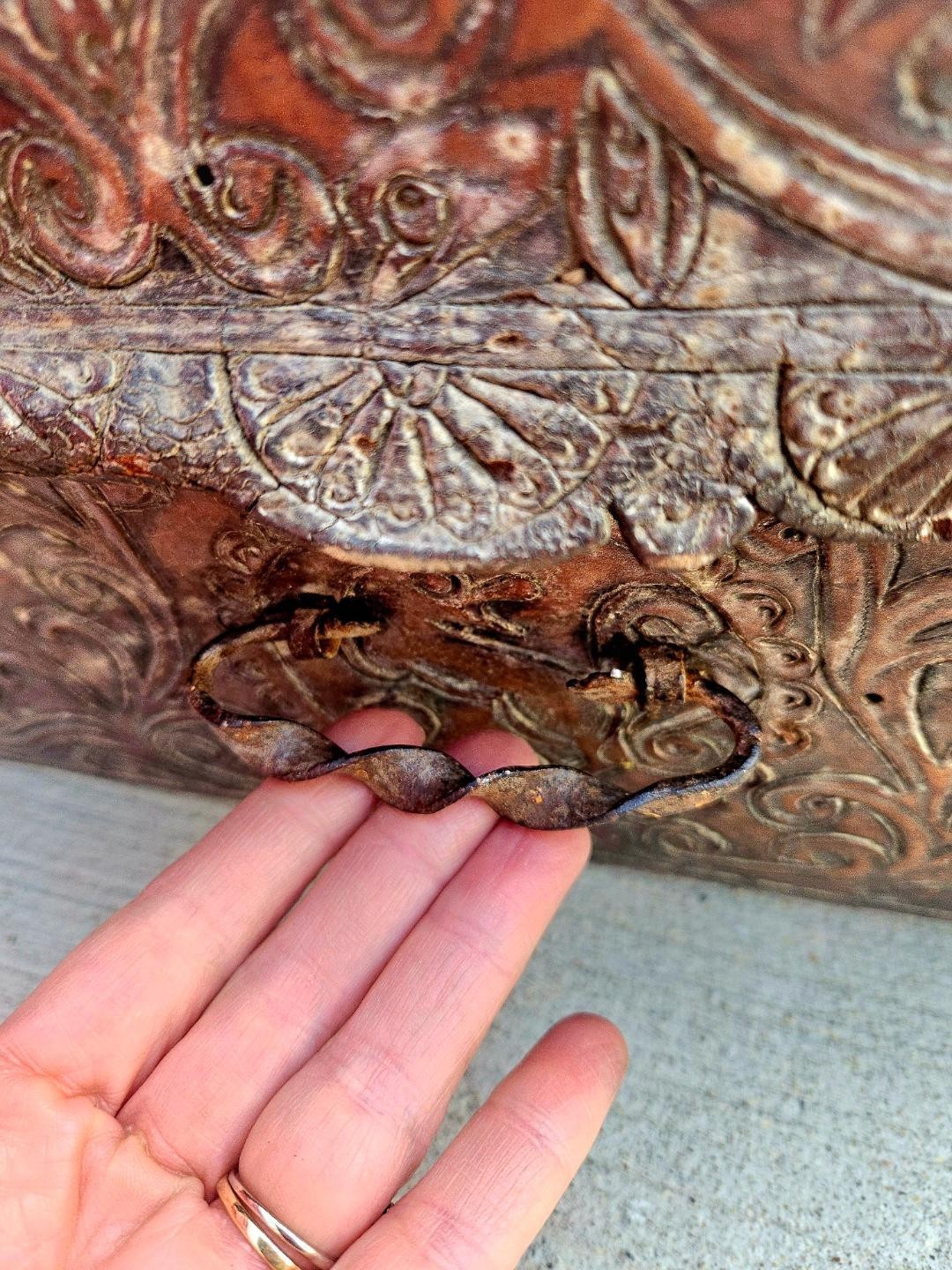 Antique Spanish Colonial Petaca Tooled Leather Coffer Box Trunk 18th Century