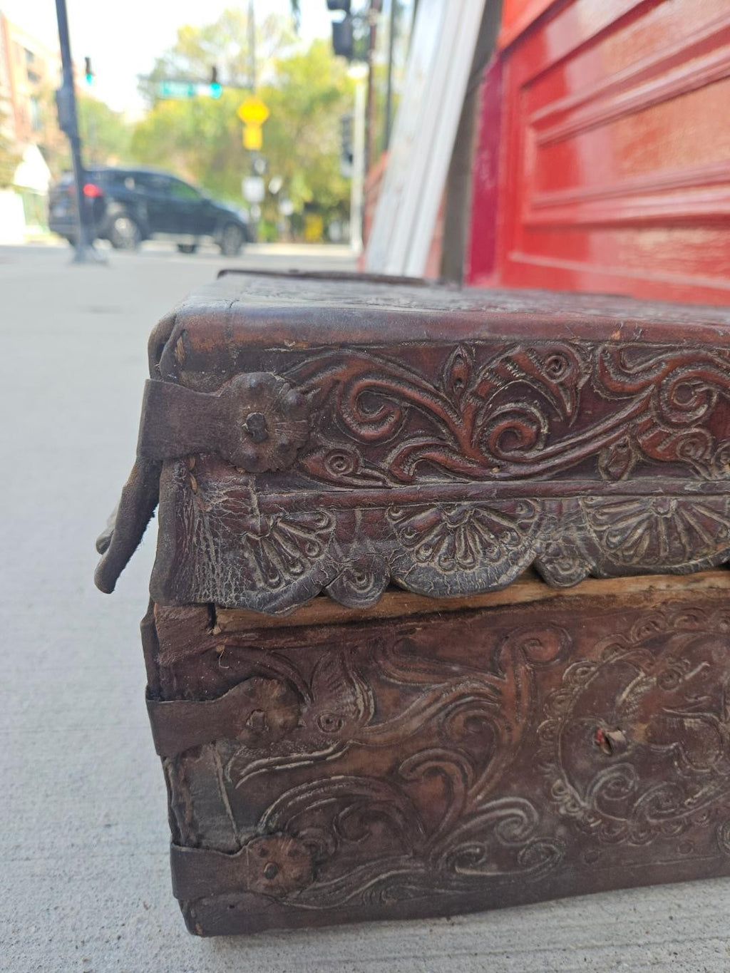 Antique Spanish Colonial Petaca Tooled Leather Coffer Box Trunk 18th Century