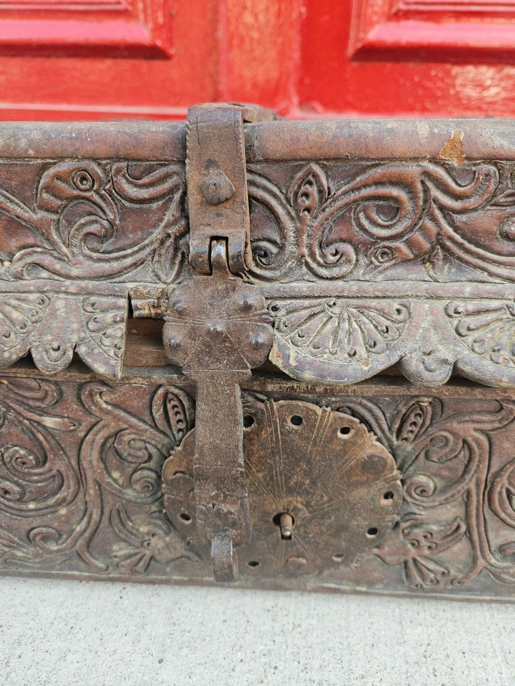 Antique Spanish Colonial Petaca Tooled Leather Coffer Box Trunk 18th Century