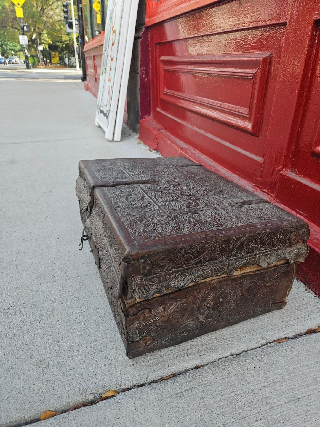 Antique Spanish Colonial Petaca Tooled Leather Coffer Box Trunk 18th Century