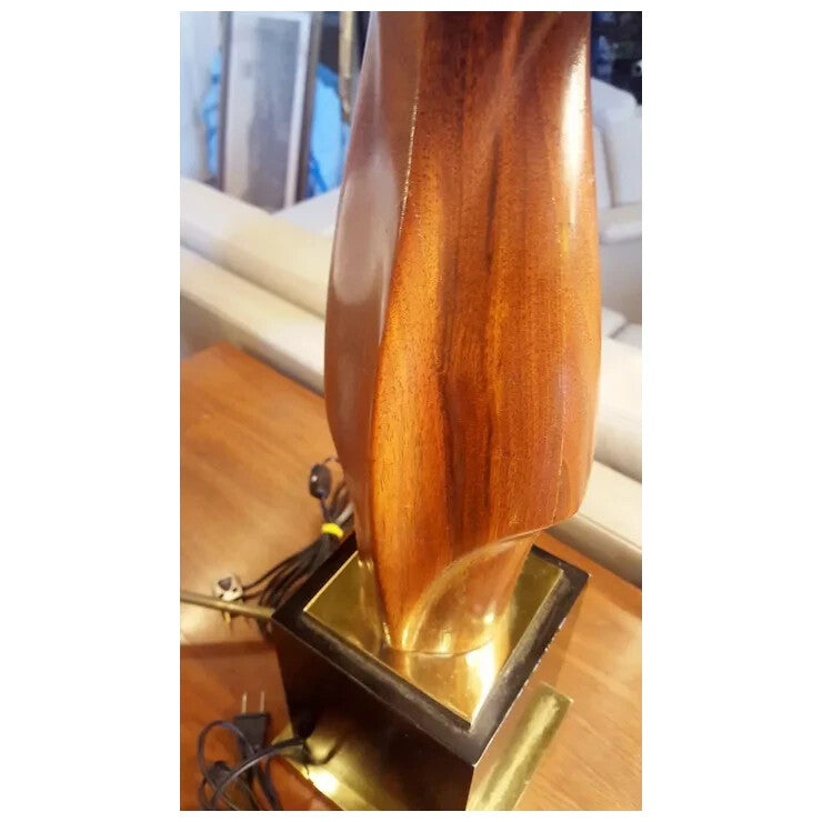 Mid Century Modern Laurel Table Lamp Tall Carved Wood with Brass Black Base