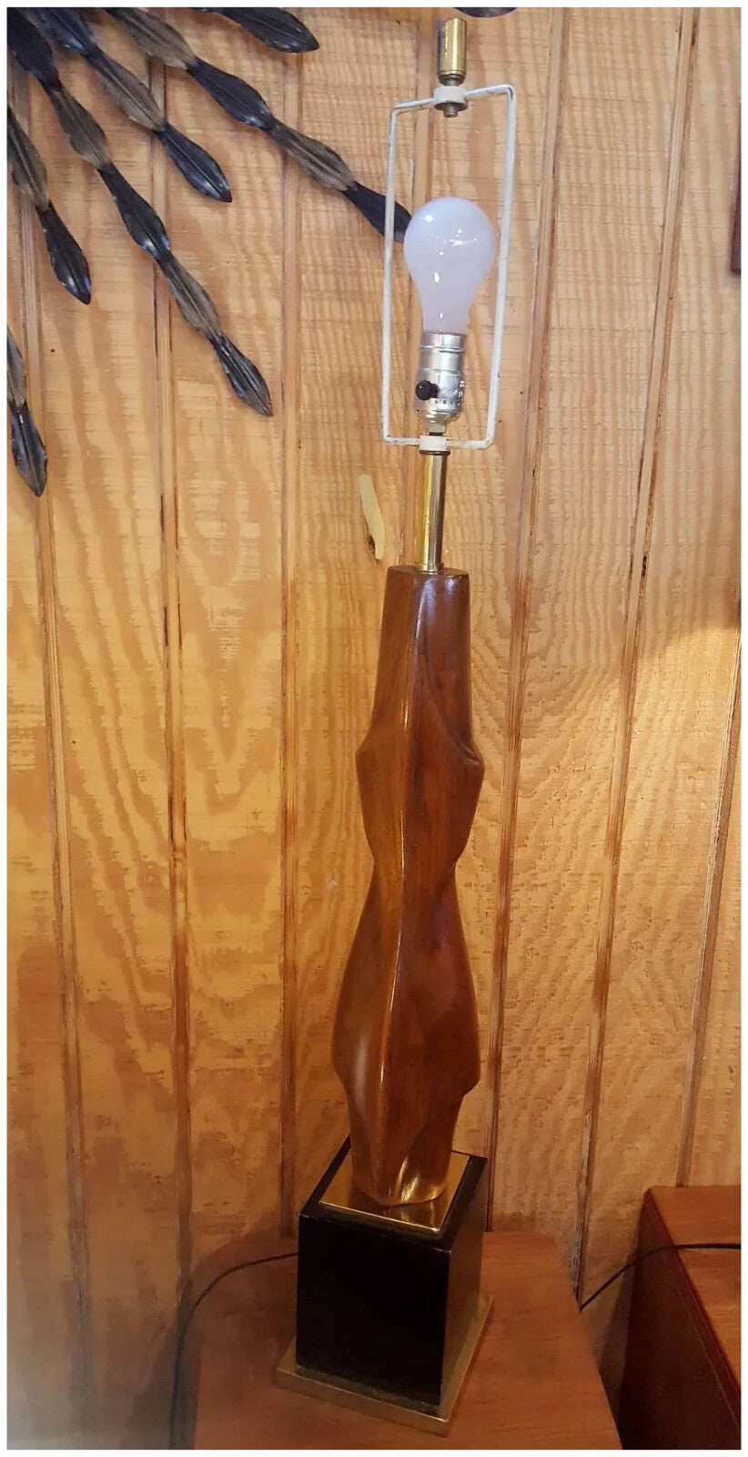Mid Century Modern Laurel Table Lamp Tall Carved Wood with Brass Black Base