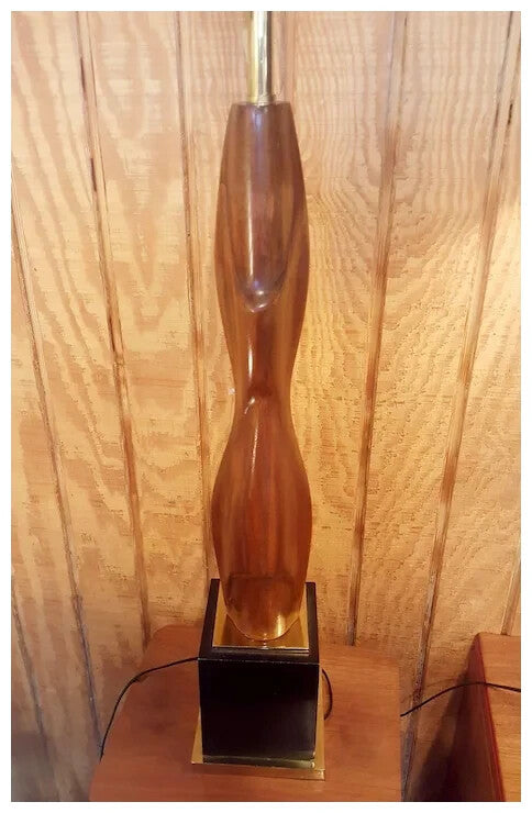 Mid Century Modern Laurel Table Lamp Tall Carved Wood with Brass Black Base