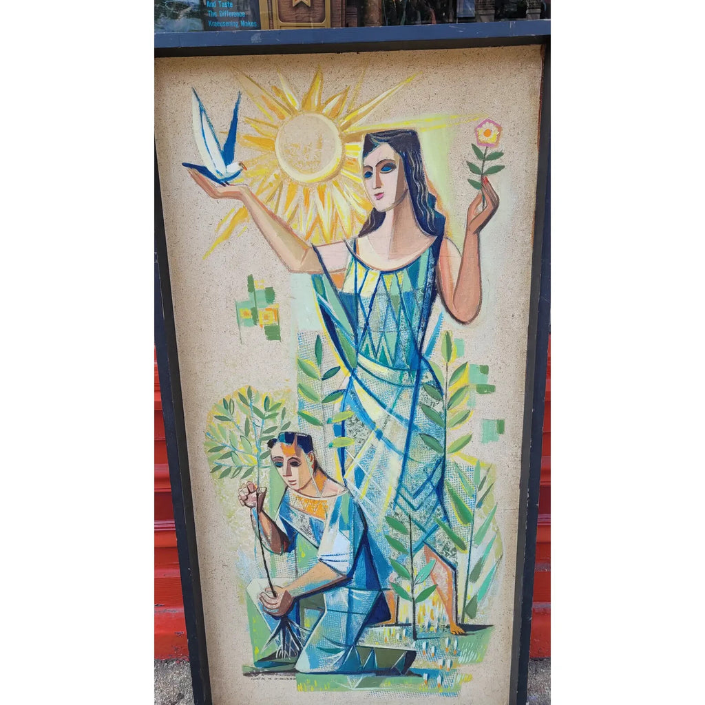 Mid Century Martin Ziegner Cubism Figurative Oil Painting on Masonite