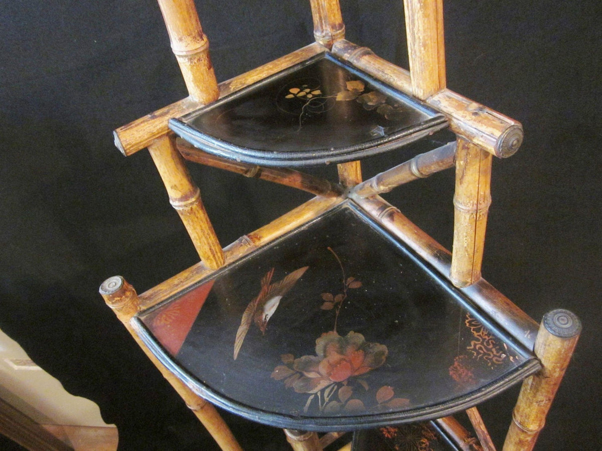 Antique Art Nouveau Bamboo Corner Etagere, Chinoiserie Shelf