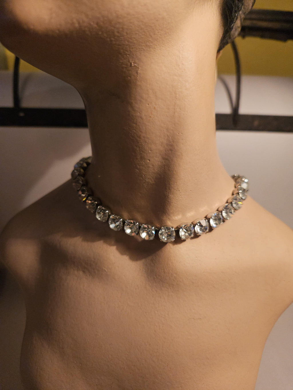 Vintage Rhinestone Choker Necklace, Bridal Black Tie, 16 inch