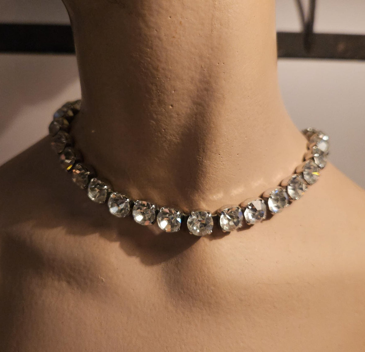 Vintage Rhinestone Choker Necklace, Bridal Black Tie, 16 inch