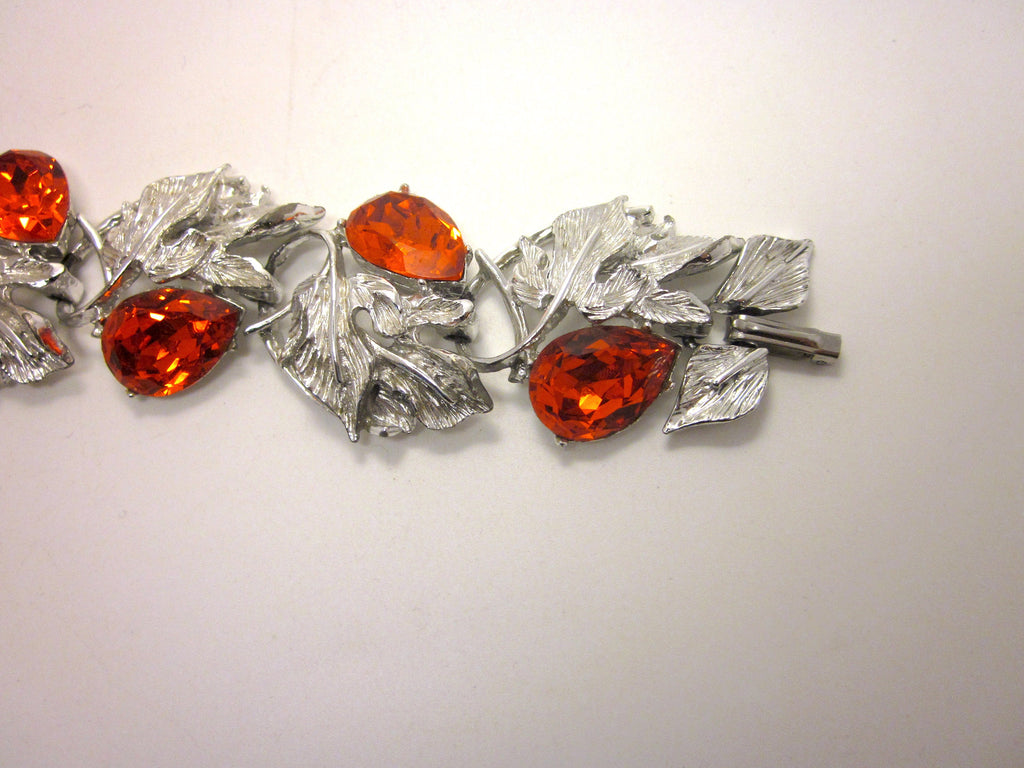 Vintage 1960s Rhinestone Bracelet: Orange Teardrop, Fall Leaf Panels