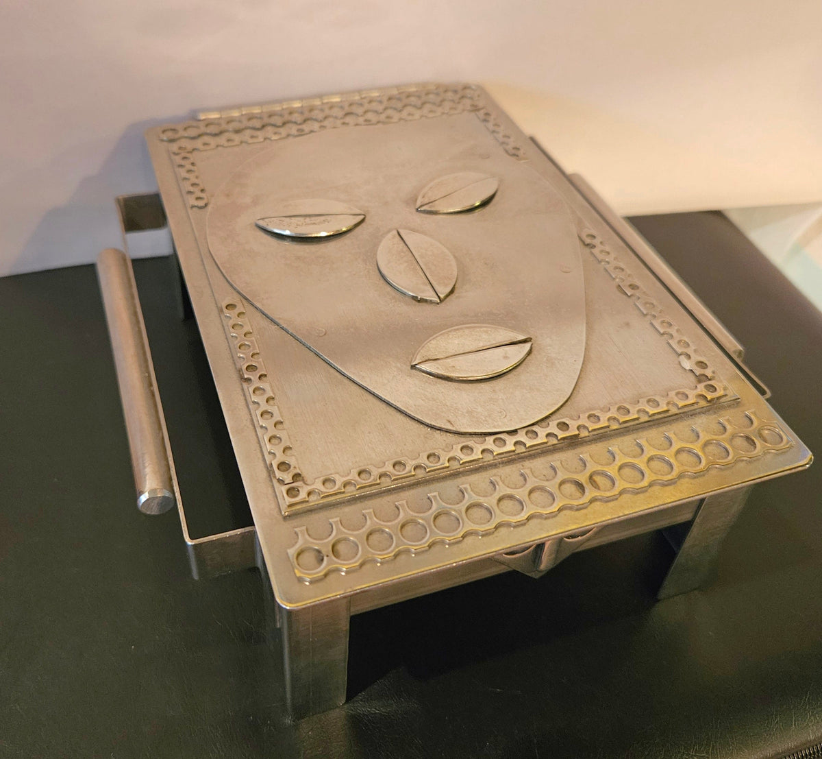 Vintage Stanley Szwarc Ooak Stainless Steel outsider Art box. Mask design