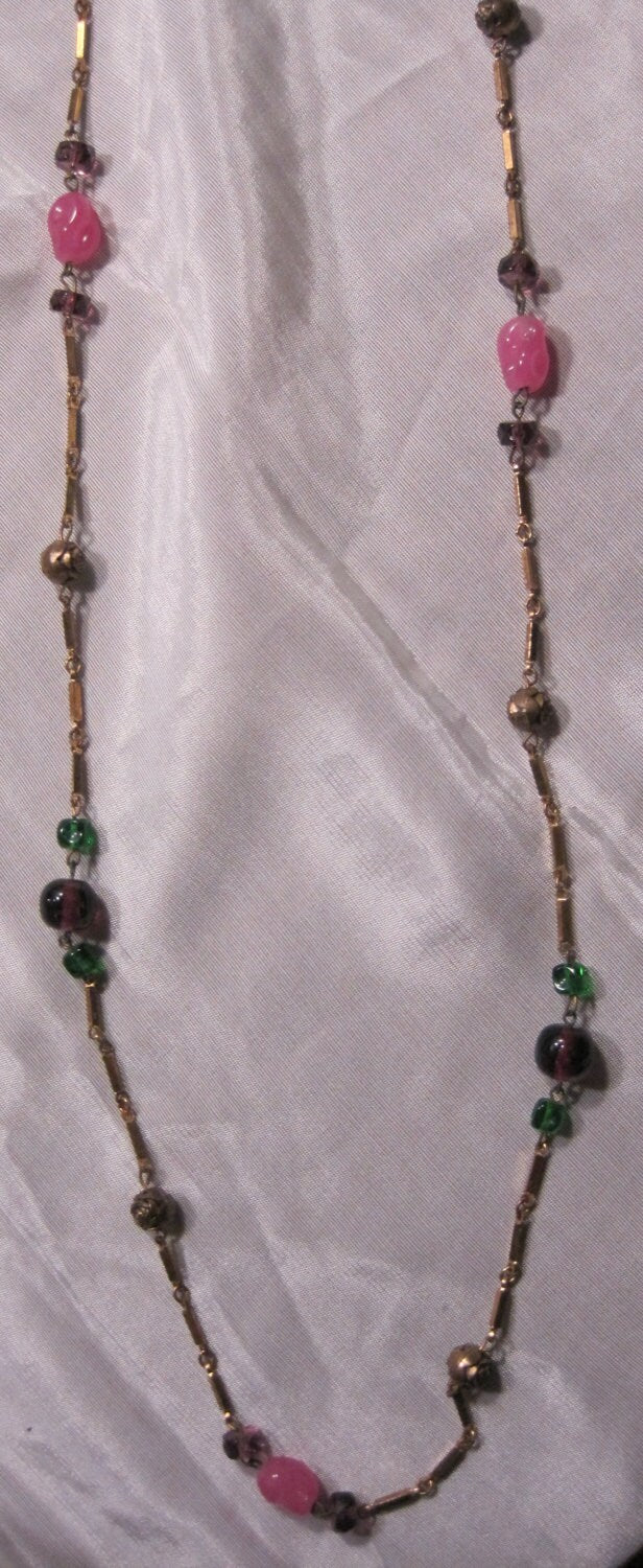 Molded Art glass necklace with Bronze Rosettes and Brass Links