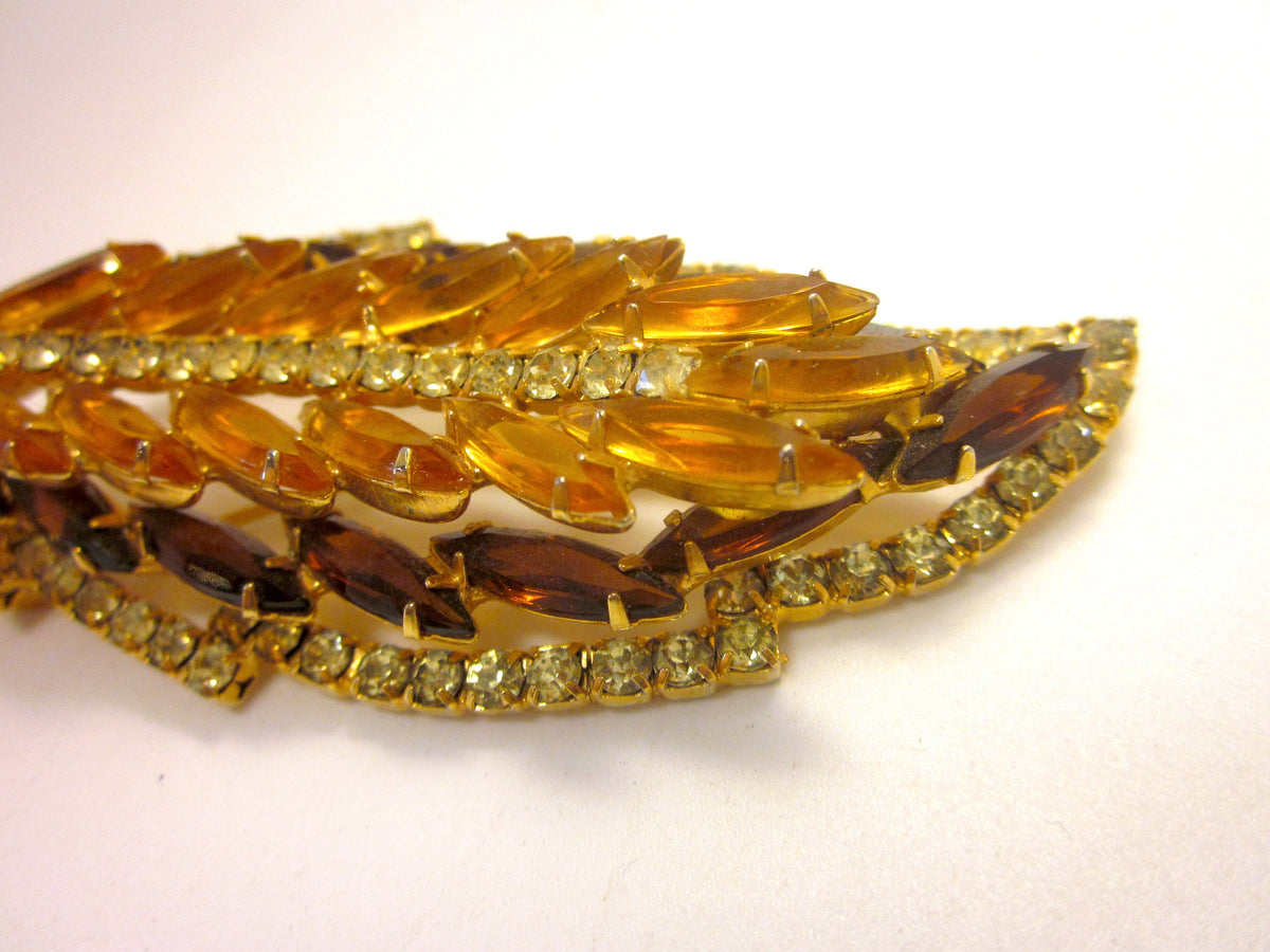 Vintage Juliana Rhinestone Leaf Brooch, Amber & Brown, 1950s Mid-Century
