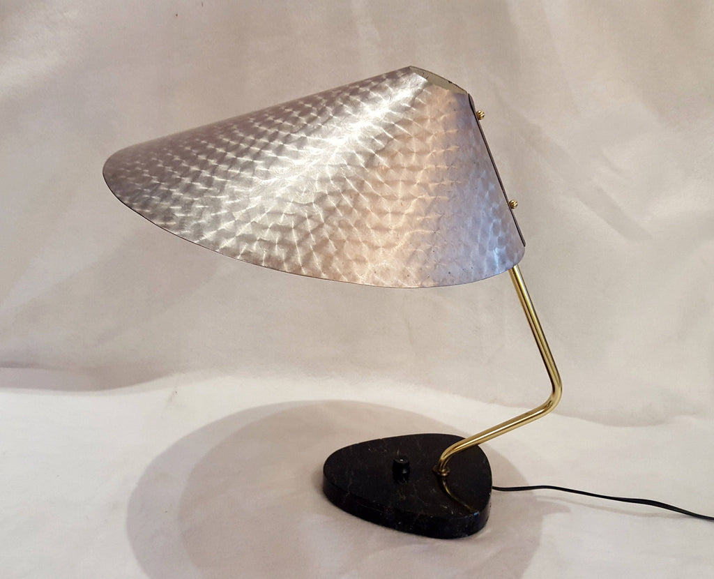 Vintage 1950s German Desk Lamp: UFO Space Age Brushed Aluminum, Marble Base