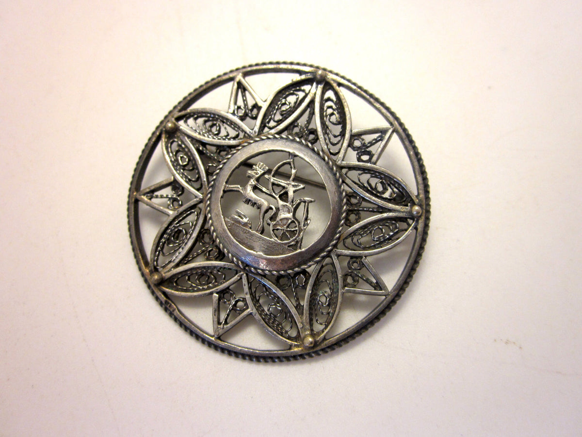 Vintage Art Deco Sterling Silver Brooch: Egyptian Revival Pharaoh, Wirework Lotus