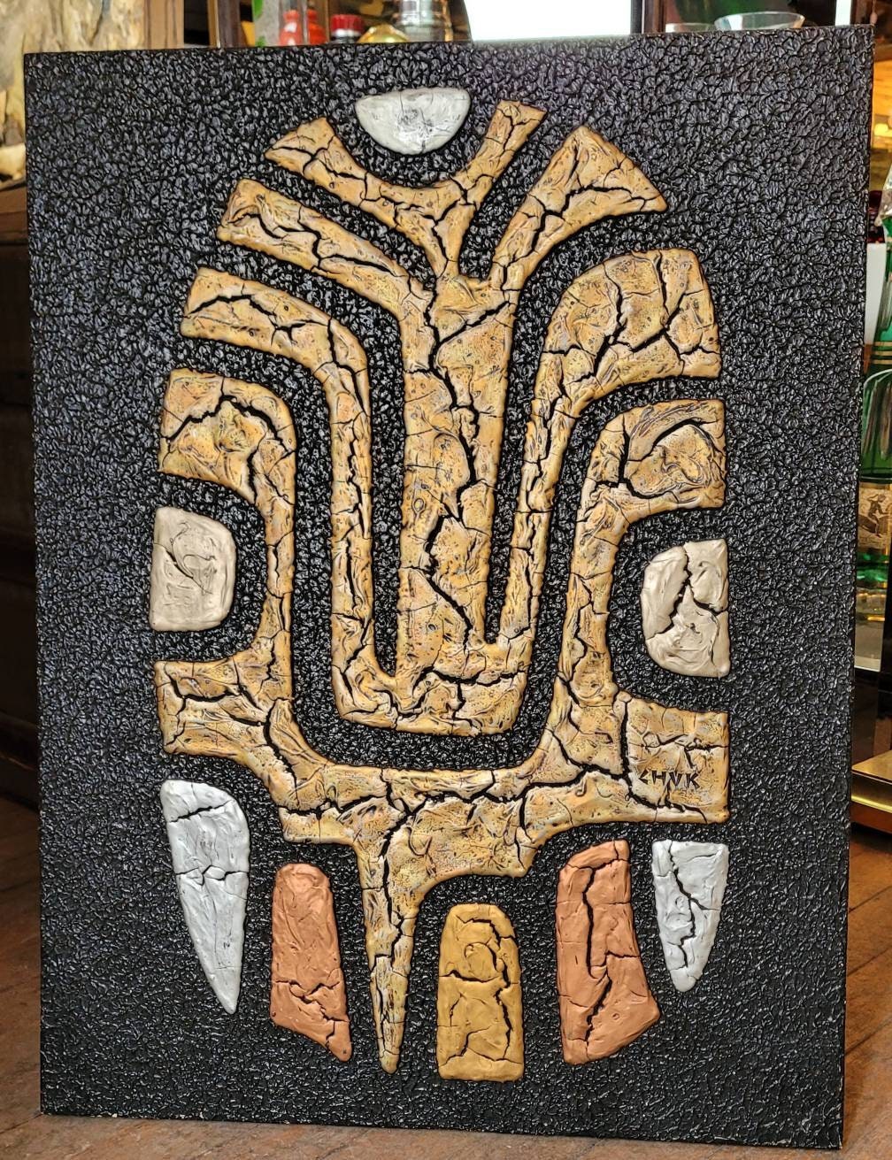 1970s Chuk Morris Mixed Media  on Board. After an Ancient Mexican Ritual Mask mcm art