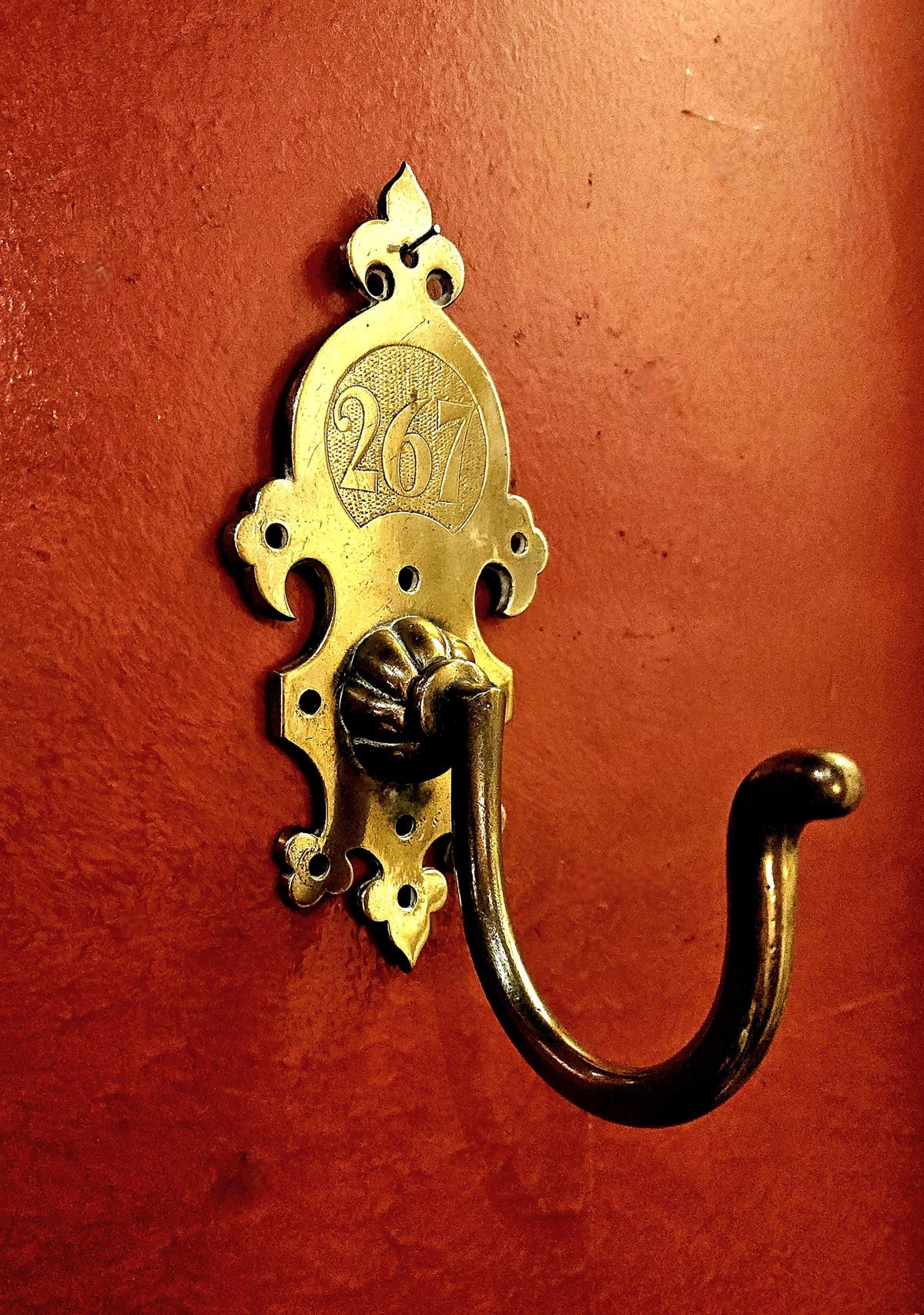 Antique Brass Coat Hook with engraved number