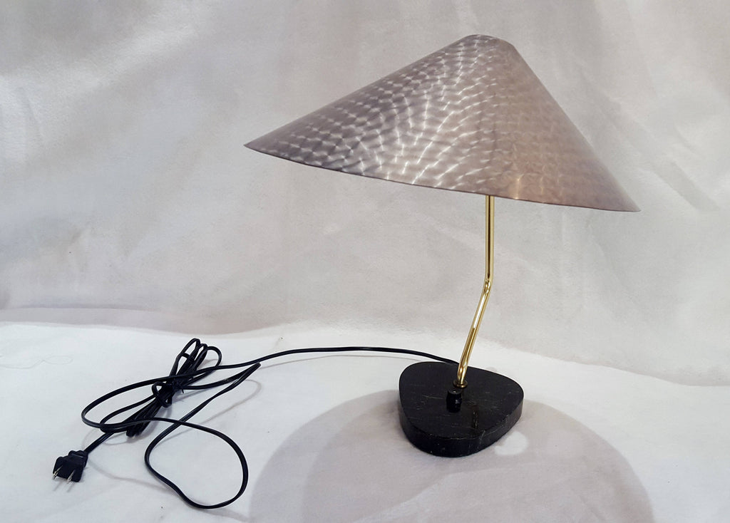 Vintage 1950s German Desk Lamp: UFO Space Age Brushed Aluminum, Marble Base