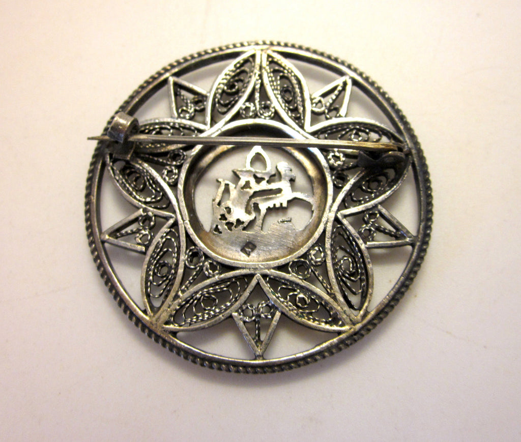 Vintage Art Deco Sterling Silver Brooch: Egyptian Revival Pharaoh, Wirework Lotus