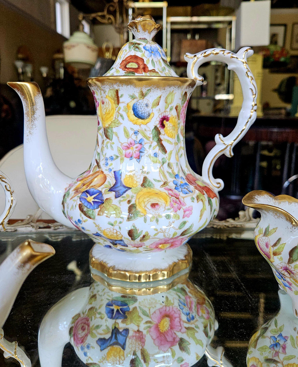 Vintage Hammersby Queen Anne Chintz Tea Set. Single tea pot, coffee/ tall tea, creamer and sugar