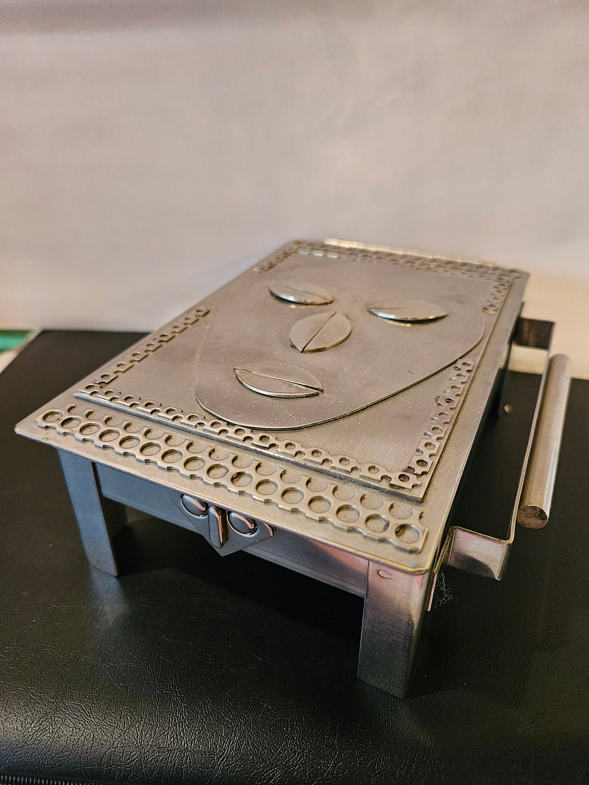 Vintage Stanley Szwarc Ooak Stainless Steel outsider Art box. Mask design