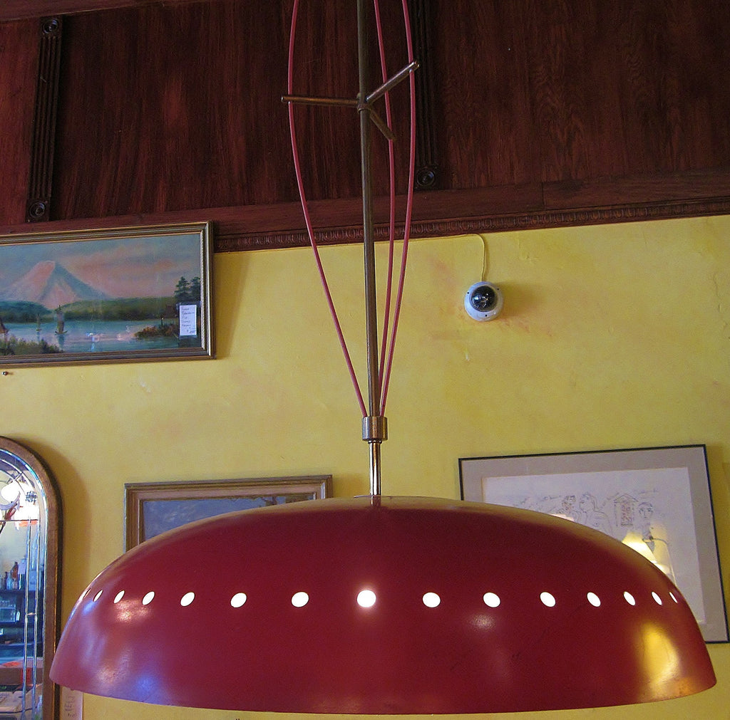 Mid Century Italian Pendant Light, Red Enameled Aluminum Shade