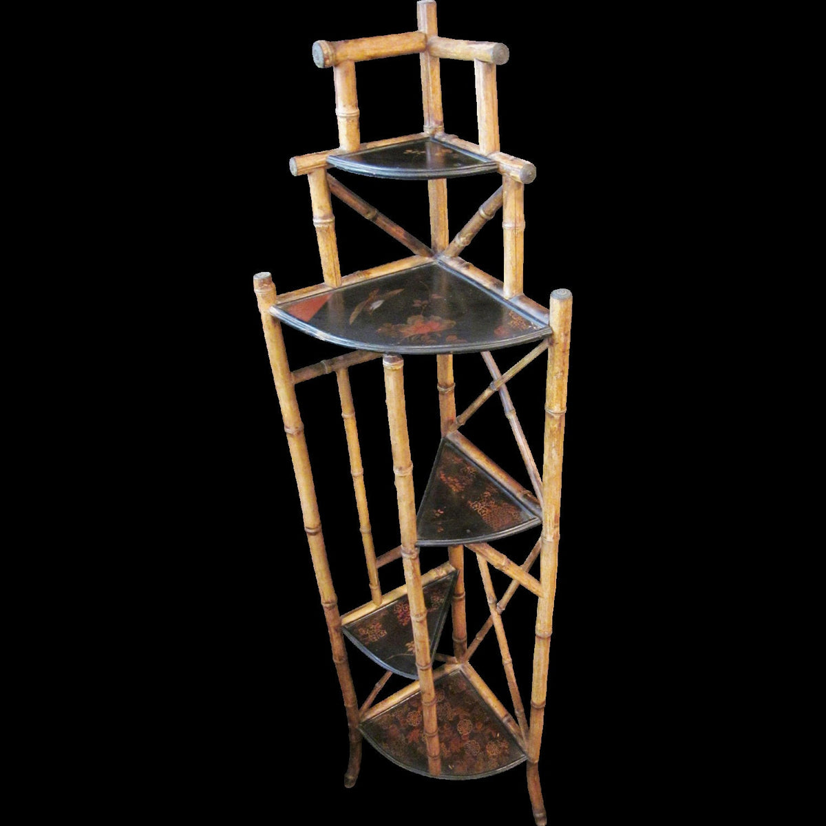 Antique Art Nouveau Bamboo Corner Etagere, Chinoiserie Shelf