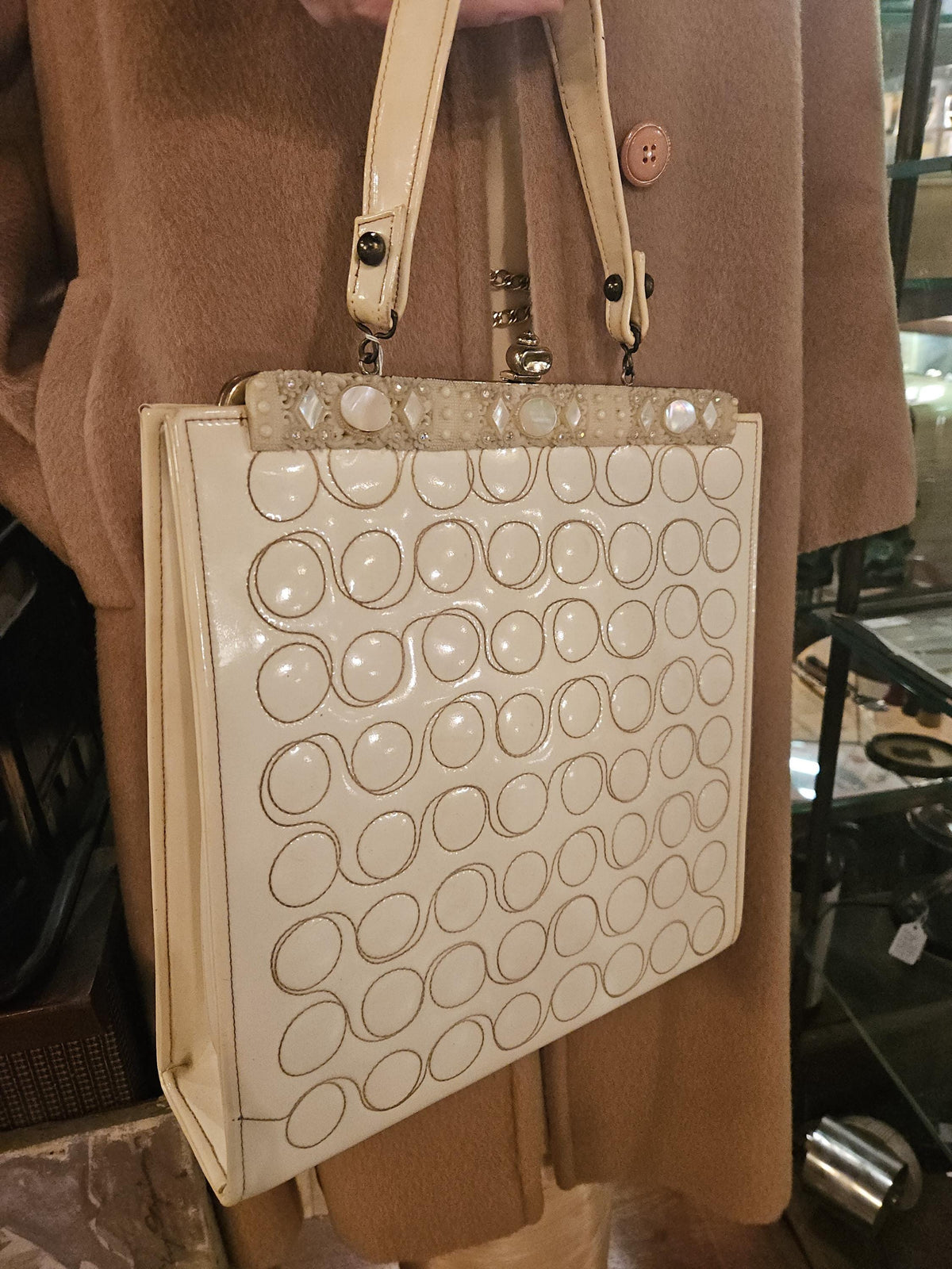 1960s Vintage Handbag: Faye Mell Fleurette Miami, Cream Vinyl, Celluloid Frame