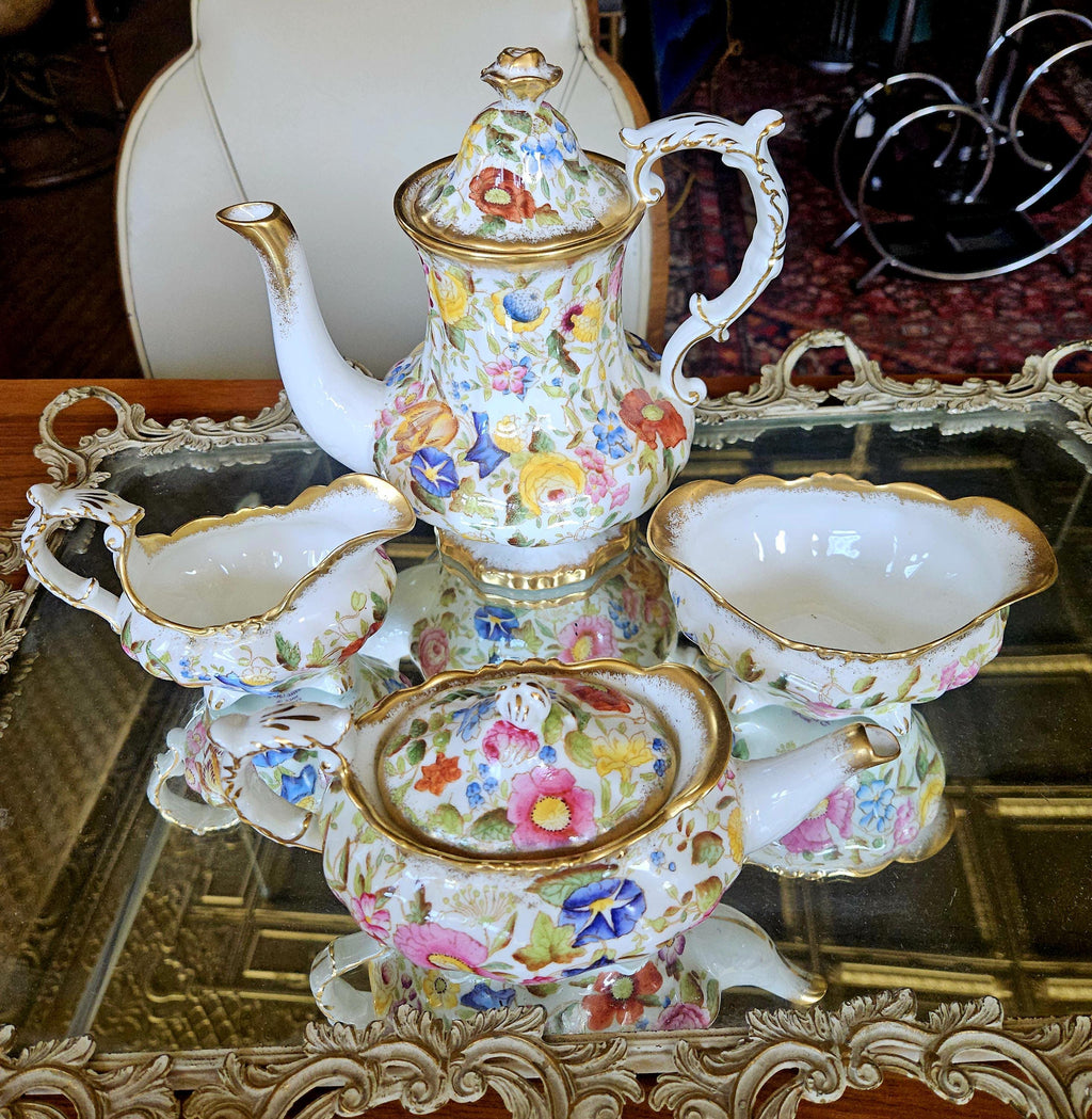 Vintage Hammersby Queen Anne Chintz Tea Set. Single tea pot, coffee/ tall tea, creamer and sugar