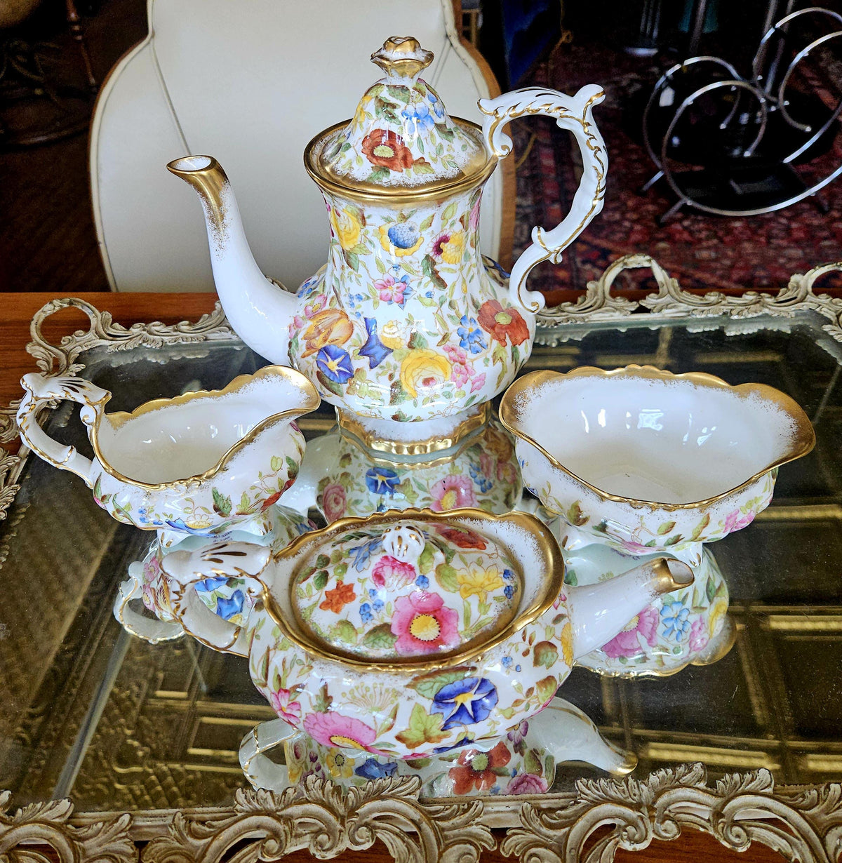 Vintage Hammersby Queen Anne Chintz Tea Set. Single tea pot, coffee/ tall tea, creamer and sugar