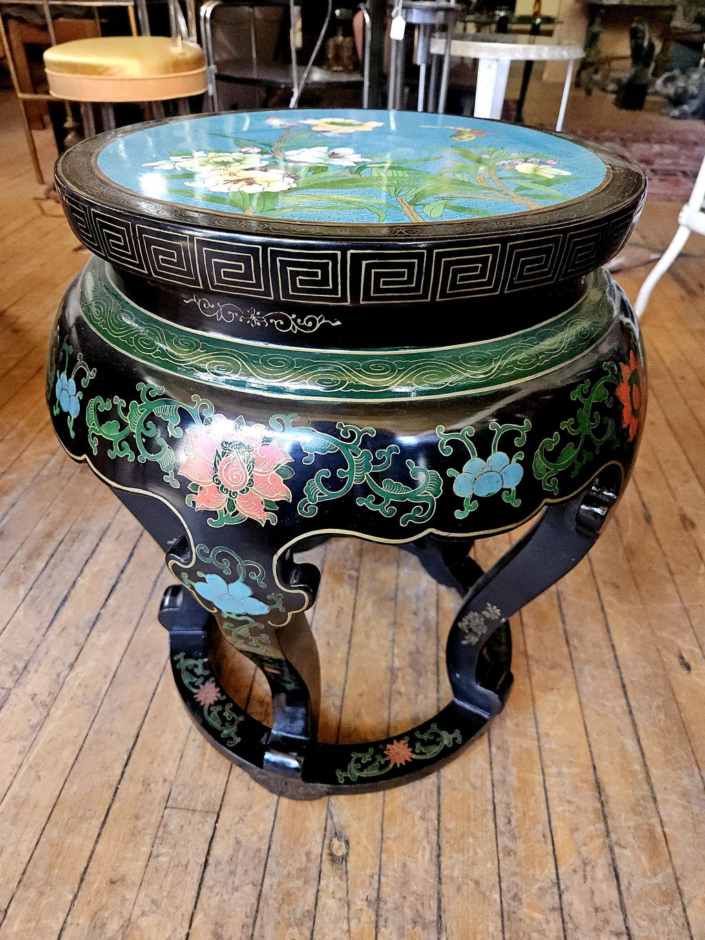 Asian Chinoiserie Black Lacquer Cloisonne Garden Stool or Side Table