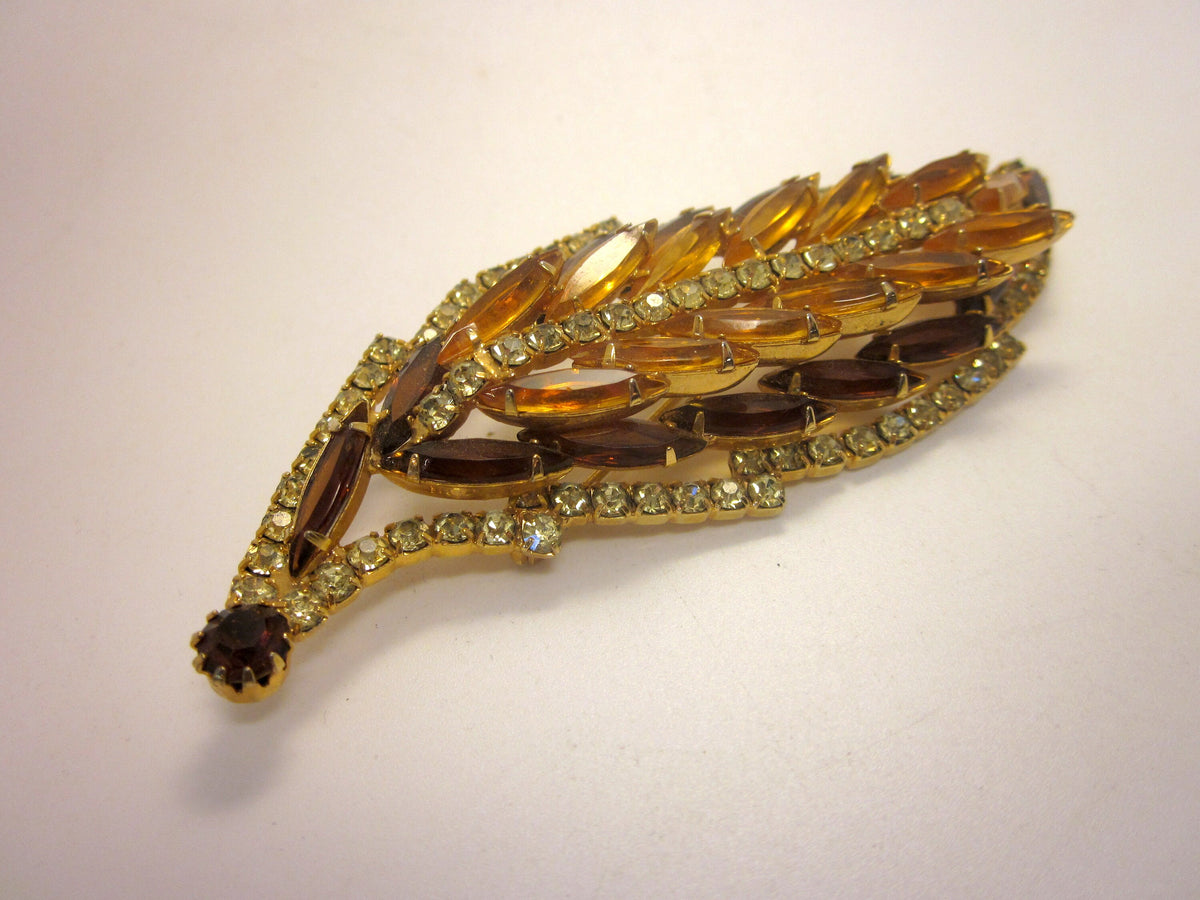 Vintage Juliana Rhinestone Leaf Brooch, Amber & Brown, 1950s Mid-Century