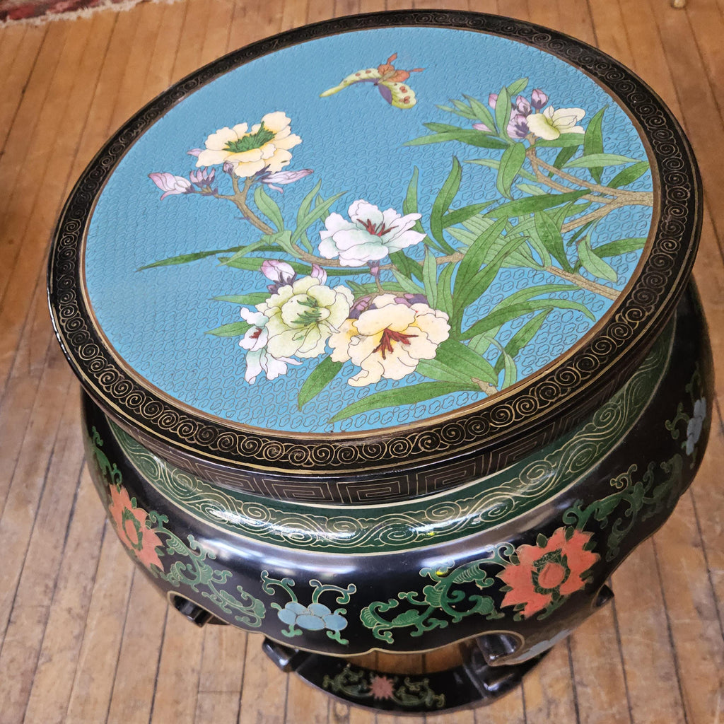Asian Chinoiserie Black Lacquer Cloisonne Garden Stool or Side Table