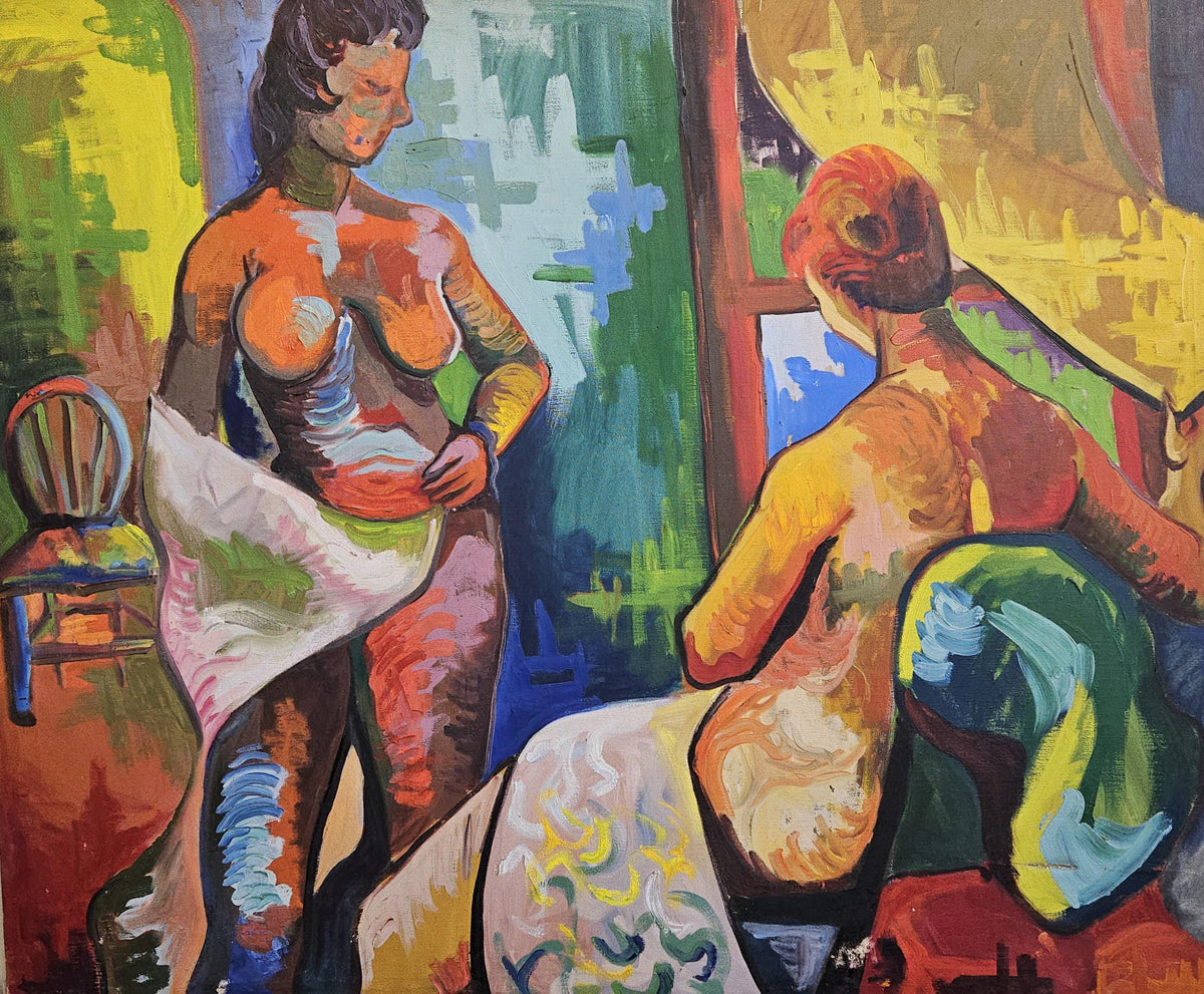 Vintage Mid Century Modern Oil on Canvas Nude Painting two women