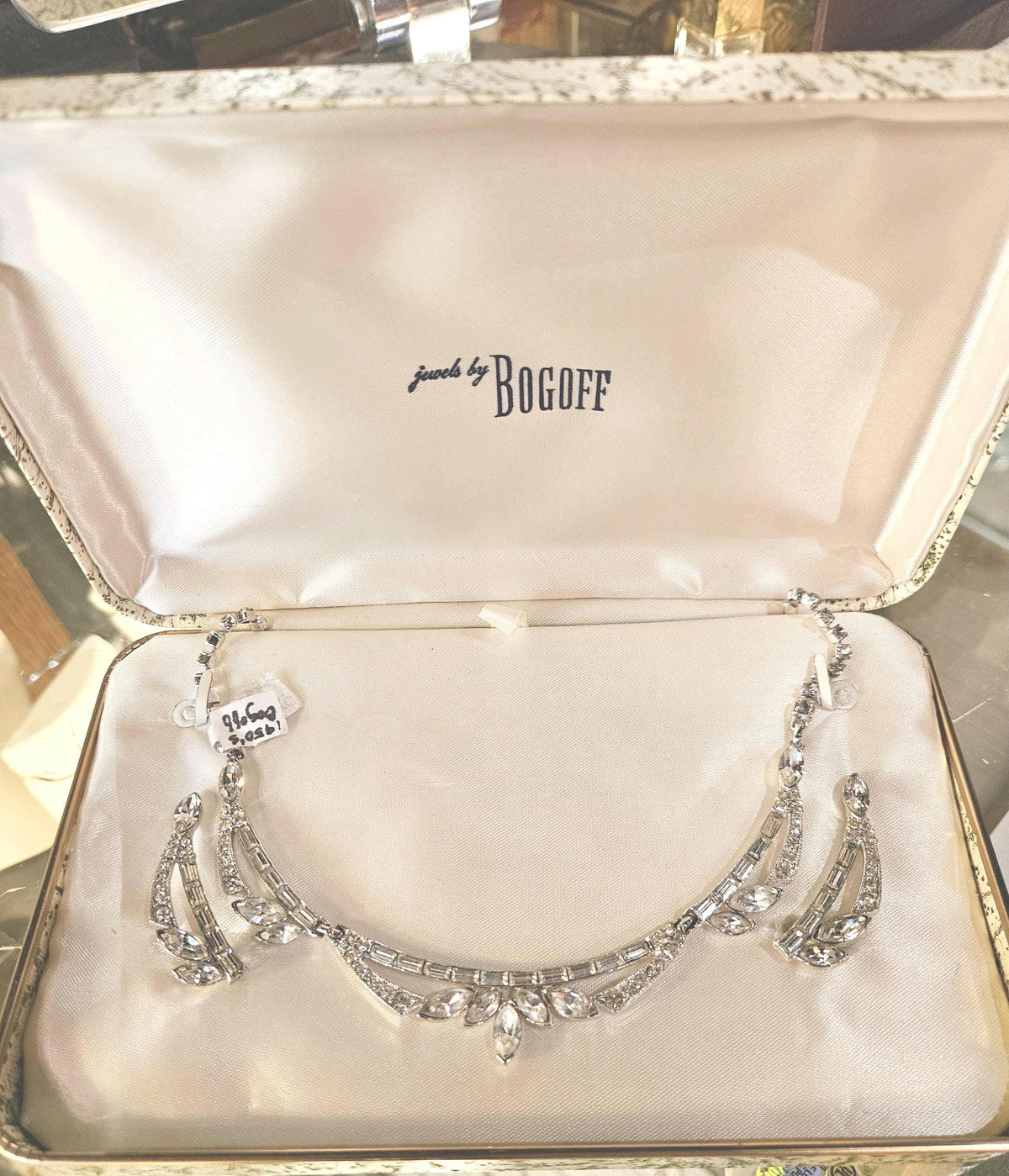 Vintage Bogoff Rhinestone Necklace Earring Set demi-parure on original Bogoff box