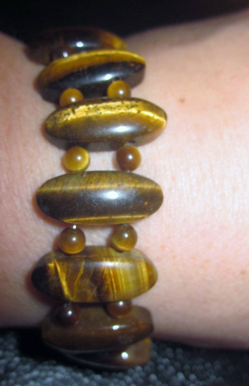 Vintage Gold and Brown tigers eye bracelet with oval and round beads-semiprecious stone jewelry