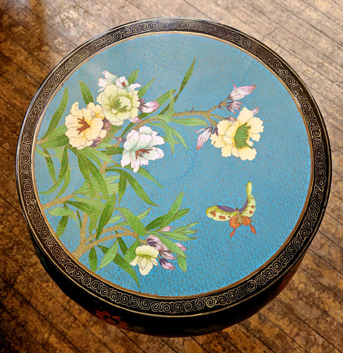 Asian Chinoiserie Black Lacquer Cloisonne Garden Stool or Side Table