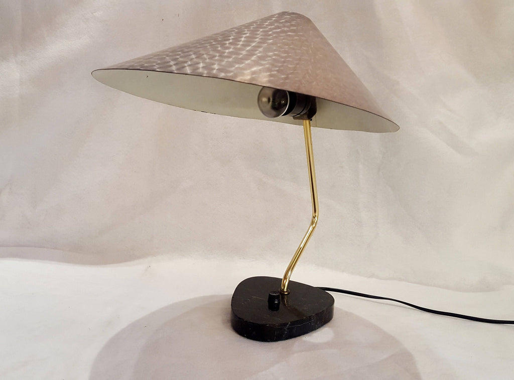 Vintage 1950s German Desk Lamp: UFO Space Age Brushed Aluminum, Marble Base