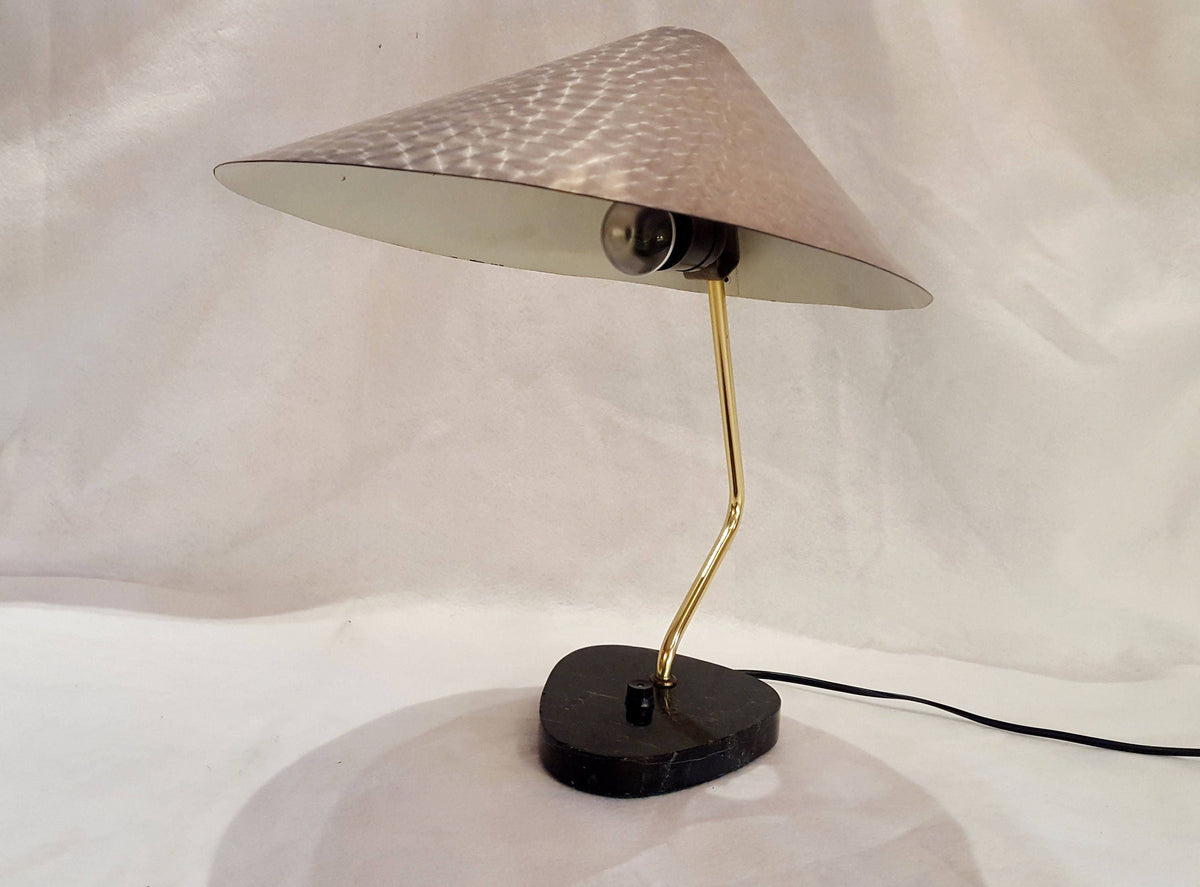 Vintage 1950s German Desk Lamp: UFO Space Age Brushed Aluminum, Marble Base