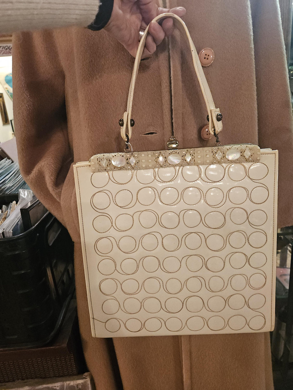 1960s Vintage Handbag: Faye Mell Fleurette Miami, Cream Vinyl, Celluloid Frame